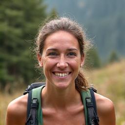 A beaming woman in her late 30s, Sarah, on a hiking trail, representing fitness success.