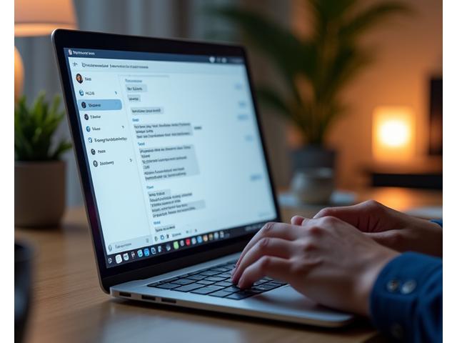 A close-up of a hand typing a private message on a laptop, with a blurred background showing a cozy home office, emphasizing personal and secure communication.