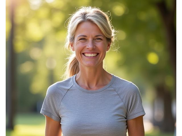 Smiling woman in her late 40s, Eliza, mid-activity like walking outdoors, looking vibrant and healthy.